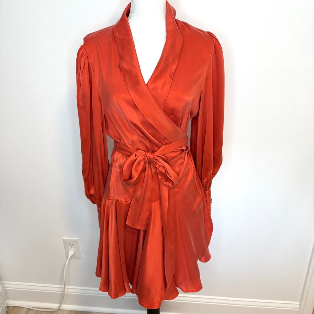 ZIMMERMANN Silk Wrap Long Sleeve Mini Dress In Crimson Size 10 New - Picture 3 of 16